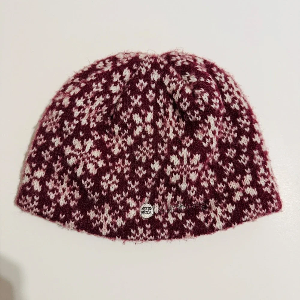 Billabong‎ Beanie Burgundy Cream Snowflake Fair Isle Knit Winter Hat Made in USA